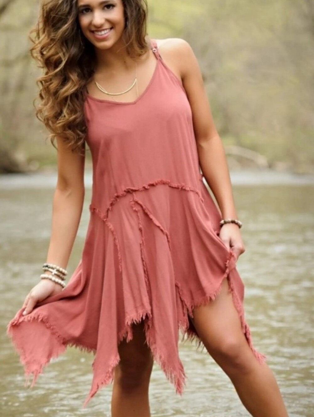 Women’s Rose Coral Frayed Hem Beach Cover-Up Dress